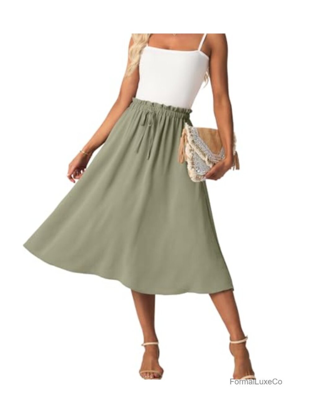 FREEOAK High Waist A-Line Midi Skirt with Pockets Flowy Summer Casual